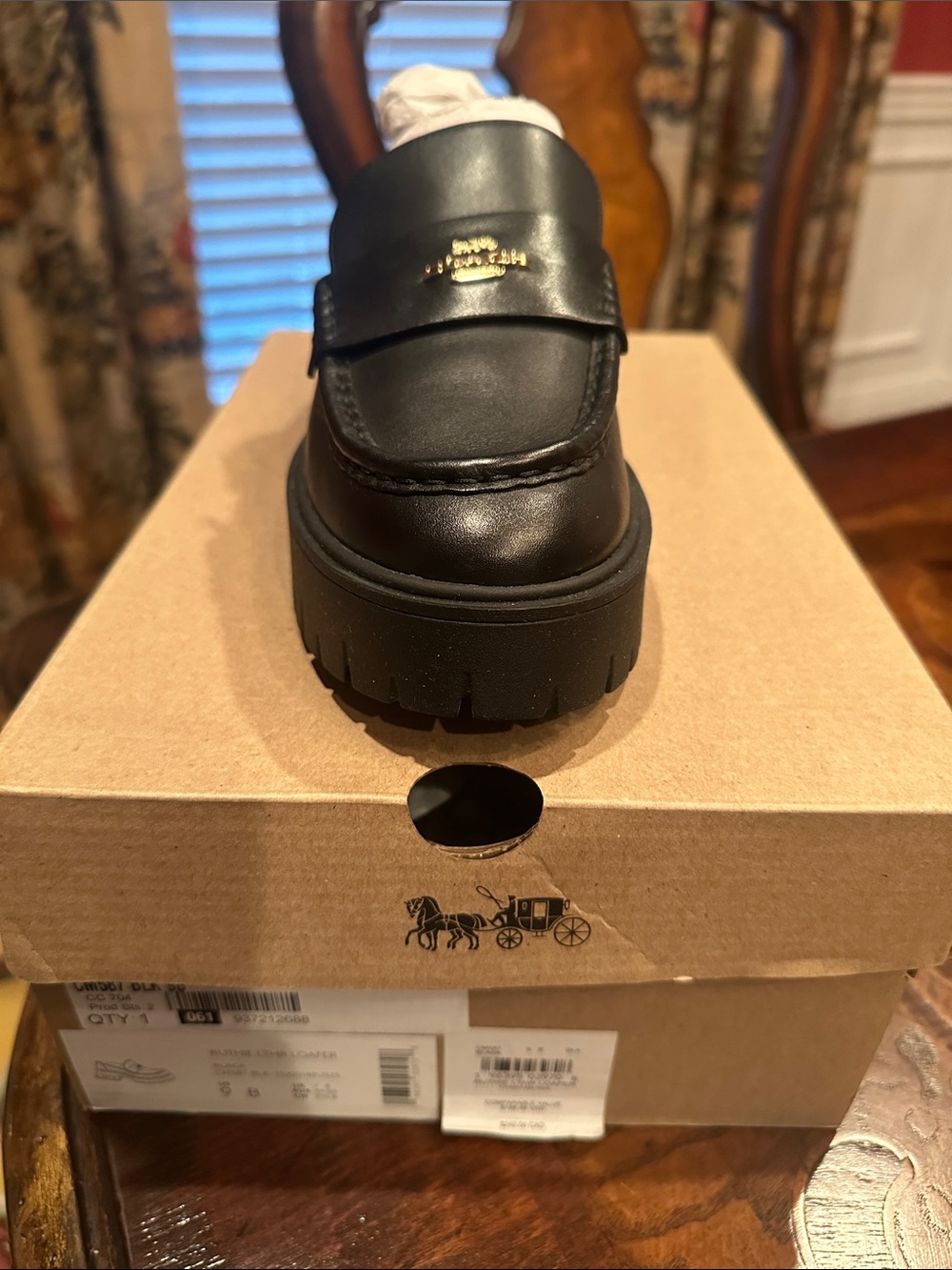 Coach Black Leather Lug-Sole Penny Loafer with Gold Logo